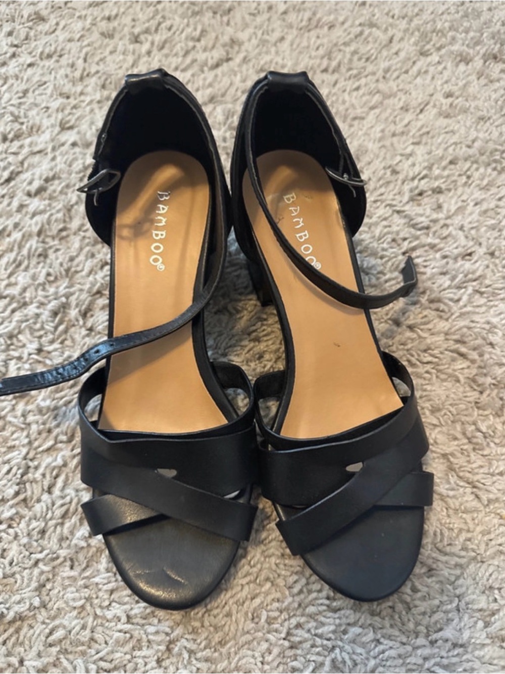 BAMBOO Black Crisscross Ankle Strap Block Heels